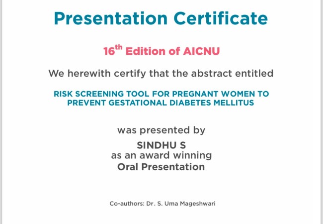 Award Winning Oral Paper Presentation on " Risk Screening Tool for Pregnant Women to Prevent Gestational Diabetes Mellitus"